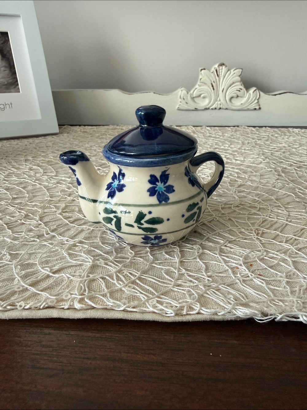 Hand-Painted Mini Ceramic Teapot with Blue Floral Motif - Polish Pottery